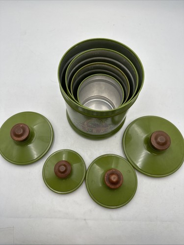 Vtg 1970s Kromex Aluminum Canister Set Of 4 Green Strawberry Basket Wood Knobs - Picture 24 of 24