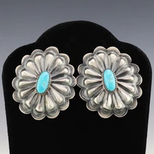 NATIVE AMERICAN NAVAJO STERLING SILVER & TURQUOISE CONCHO EARRINGS DALE MORGAN