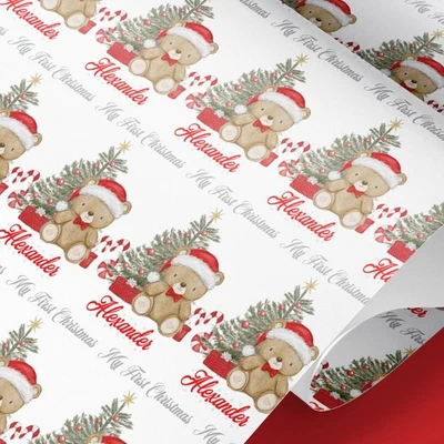 GIFT WRAP 4U Personalised Christmas Wrapping Paper Teddy Bear Santa Hat Kids Baby 1st Xmas