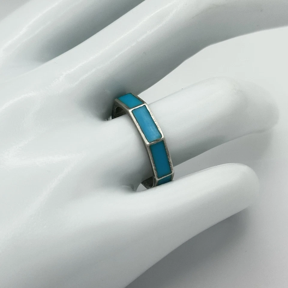 Anillo de eternidad MF Tailandia plata esterlina 925 turquesa octágono talla 8 Foto 2 de 4
