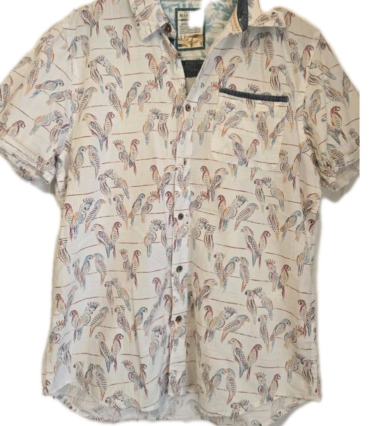 Mantaray Men's Short Sleeve Parrot Print Shirt Size M Medium 38"