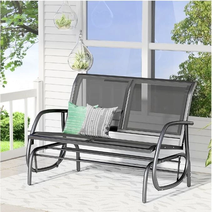 Outsunny 2 Person Black Out Door Double Rocker Glider Bench Porch Patio Chair