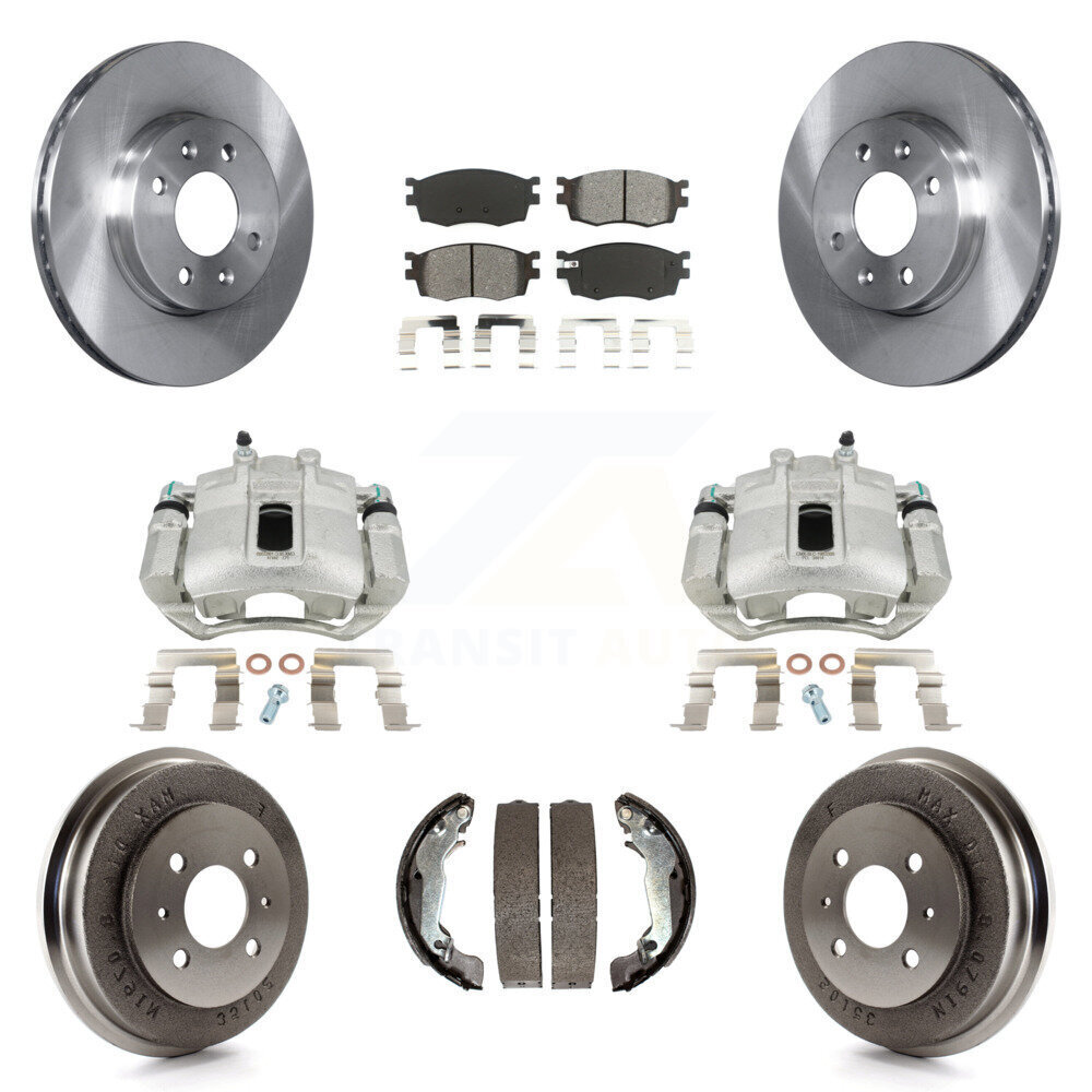 Front & Rear Brake Caliper Rotors Drums Semi-Metallic Pads Kit for Hyundai Accent