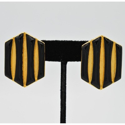 Erwin Pearl Vintage Clip On Earrings Brushed Gold Black Chunky PEP Signed 80s 9E