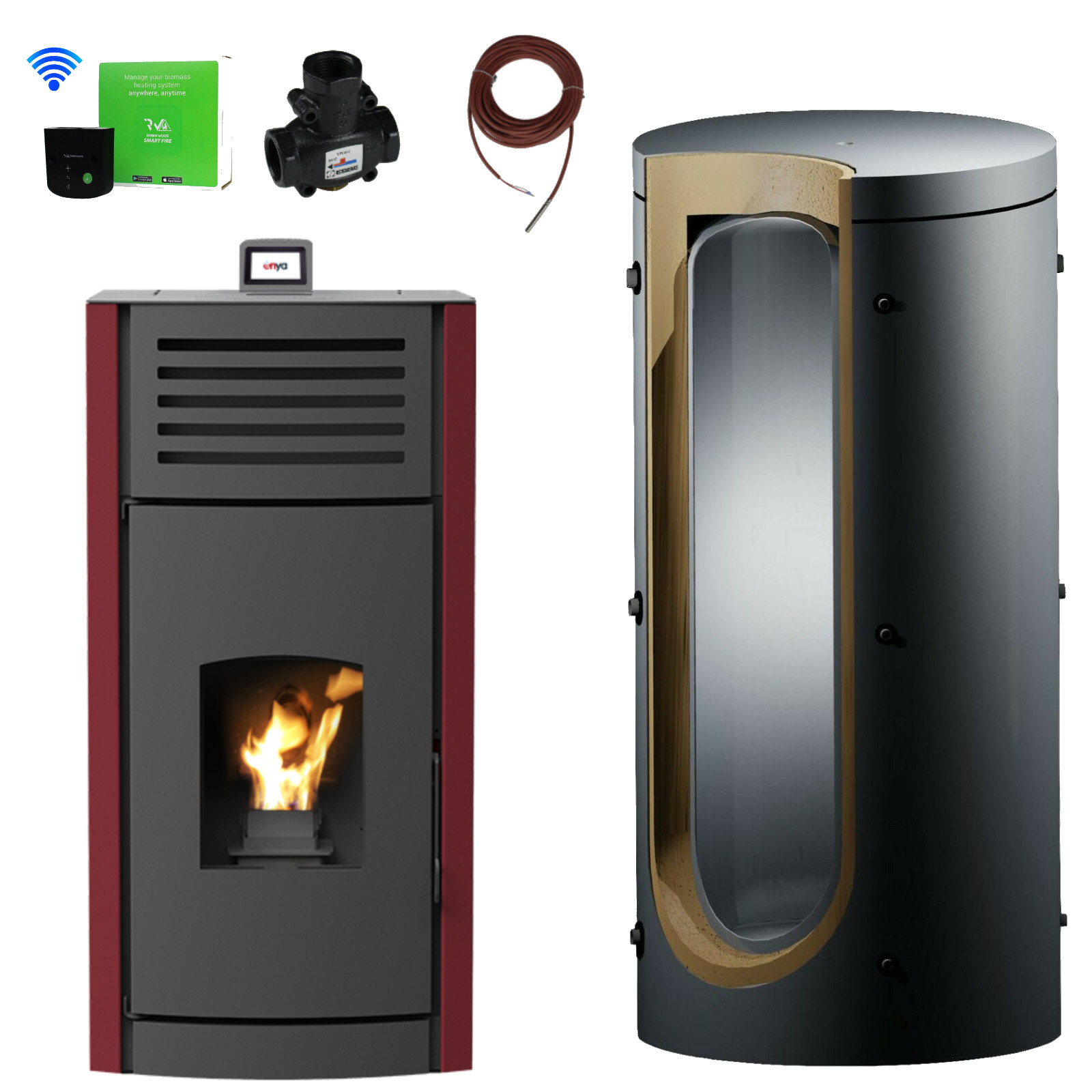 A Robin Wood Enya Aqua Pellet Oven Red Pellet Heating 18 Kw Complete Set + Wifi