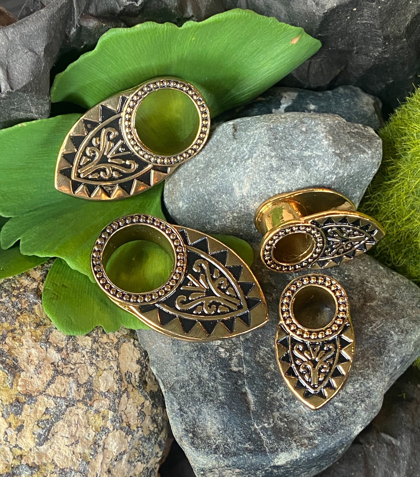 PAIR Tribal Filigree Gold Plated Copper Tunnel Ear Spreaders Plugs Gauges