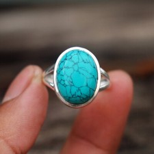 925 Sterling Silver Oval Turquoise Gemstone Handmade Women's Ring