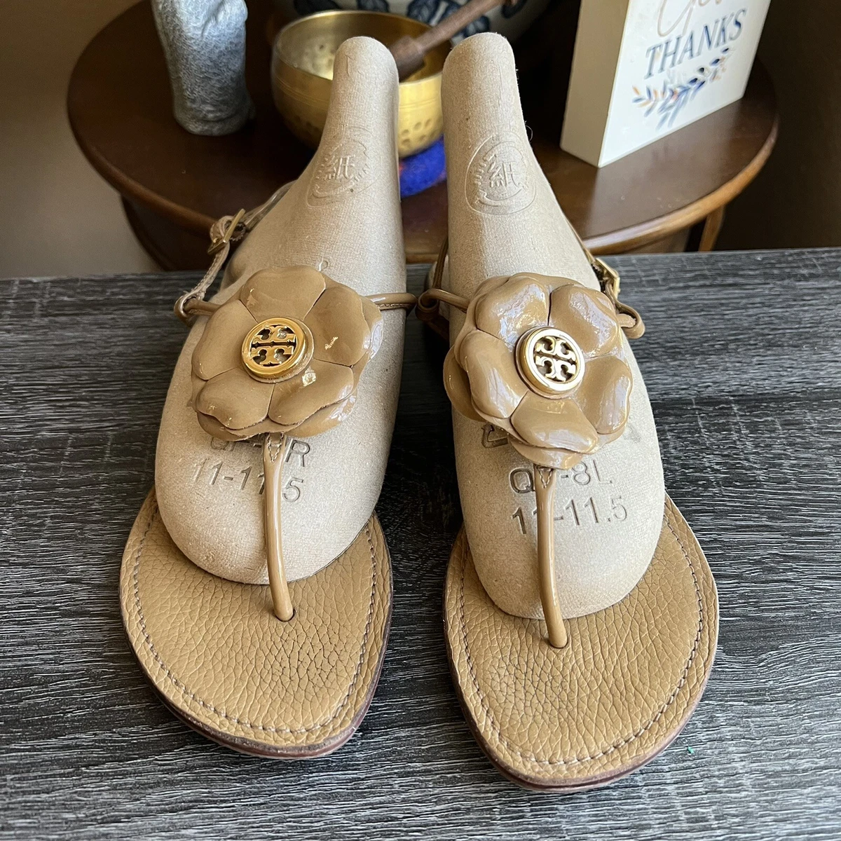 Tory Burch Shelby Tan Flower Ankle Strap Sandals US6.5