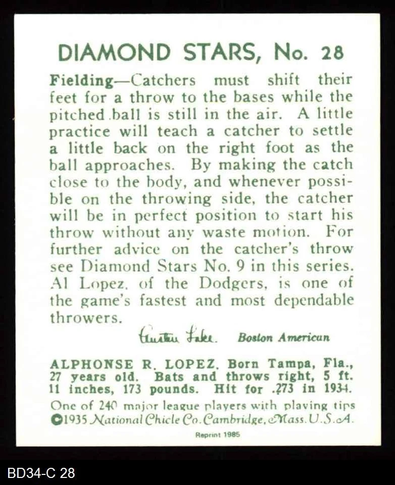 1934 Diamond Stars Reprint #28 Al Lopez Dodgers HOF 8 - NM/MT - Image 2 of 2