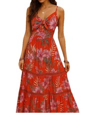 Miss Me Red Floral Maxi Dress Small Tie Front Adjustable Straps Boho Chic