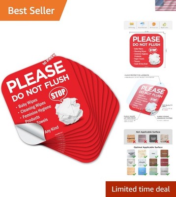 10 Durable Please Do Not Flush Signs - 6x6 Inches with Permanent Adhesive