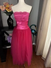 Jessica McClintock GUNNE SAX 1980's Hot Pink Tulle Strapless Dress (Size 7/8)