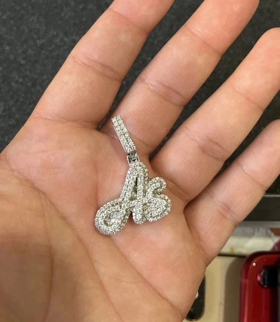 Real Moissanite 2Ct Round Cut Custom Two Letter Pendant 14K White Gold Plated - Image 3 of 4