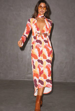 Never Fully Dressed 70s Midi Dress & Neck Scarf Plunge Cutout Sz 6 Retro Resort