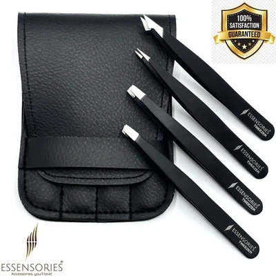 ESSENSORIES 4 in 1 Eyebrow Tweezers Set for Plucking & Shaping – Slant, Point, Flat, Angled