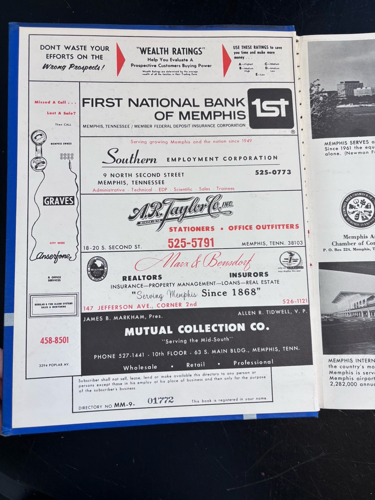 1969-70 COLE'S BLUE BOOK for MEMPHIS, TN. AREA CITY DIRECTORY STREETS TELEPHONE