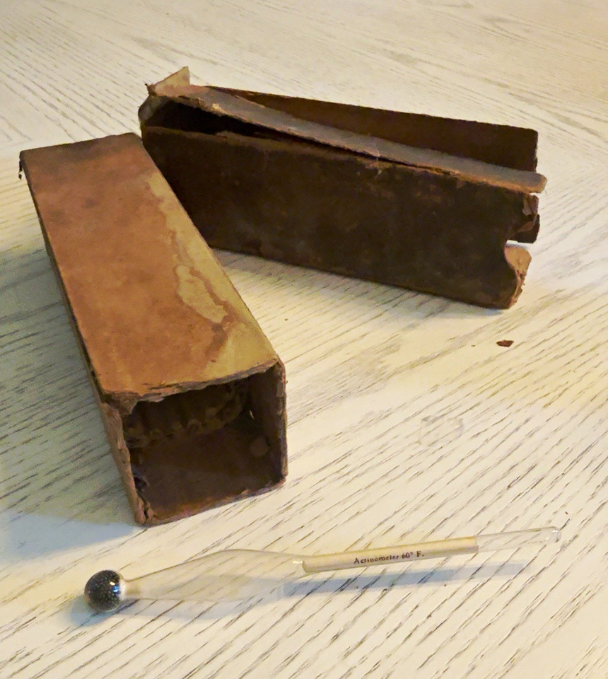 A genuine black-bulb actinometer thermometer — a Victorian-era solar radiation instrument that looks like a mad scientist's prop and actually works.