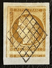 Timbre classique N°1 10c bistre jaune, obl grille, 3 voisins, B/TB.