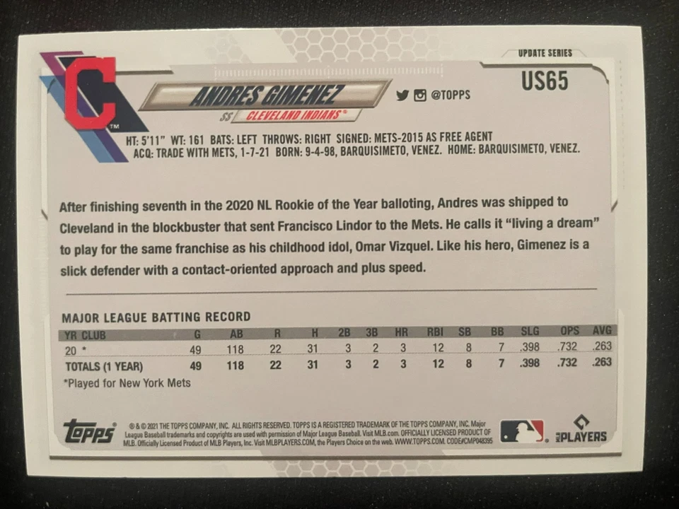 Andres GIMENEZ 2021 Topps Update Series Rookie #US65 Cleveland Guardians - Image 2 of 2
