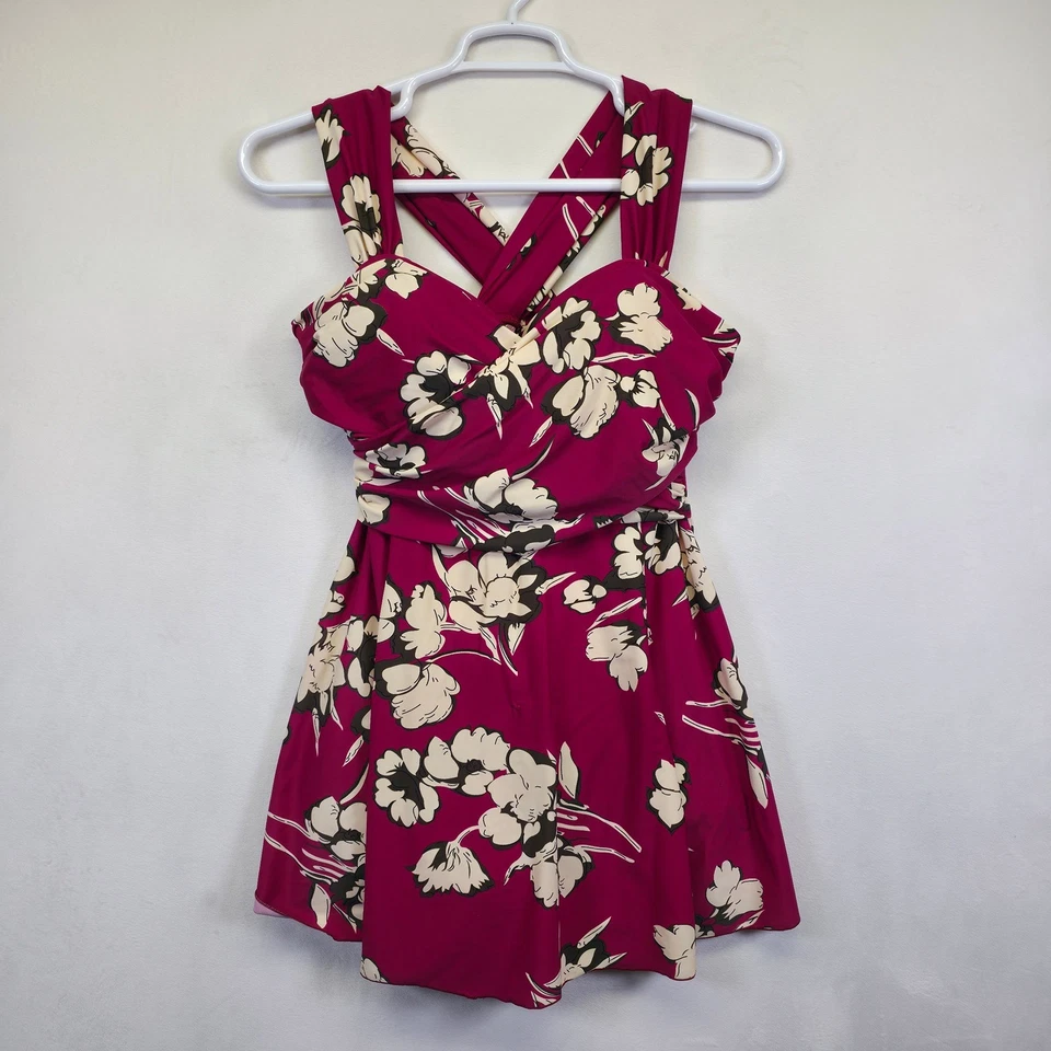 COCOPEAR One Piece Swimsuit Dress Womens 2XL Pink Floral Tummy Control Ruched - Image 2 of 4