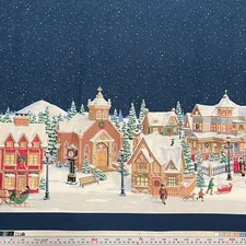 Daisy Kingdom Antique Village Border (DBL) Blue Cotton Fabric by the HALF YARD