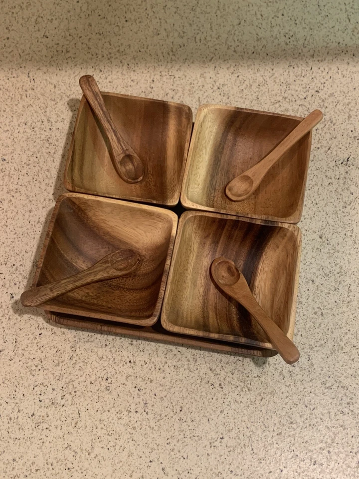 Juego de bandejas de condimentos de madera de 9 piezas con 4 cuencos 4 cucharas y bandeja Foto 2 de 4