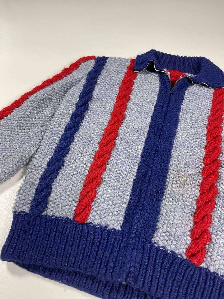 Cárdigan vintage tejido con cable con cremallera talla juvenil M a rayas tejido a mano garra cremallera años 70 Foto 2 de 4