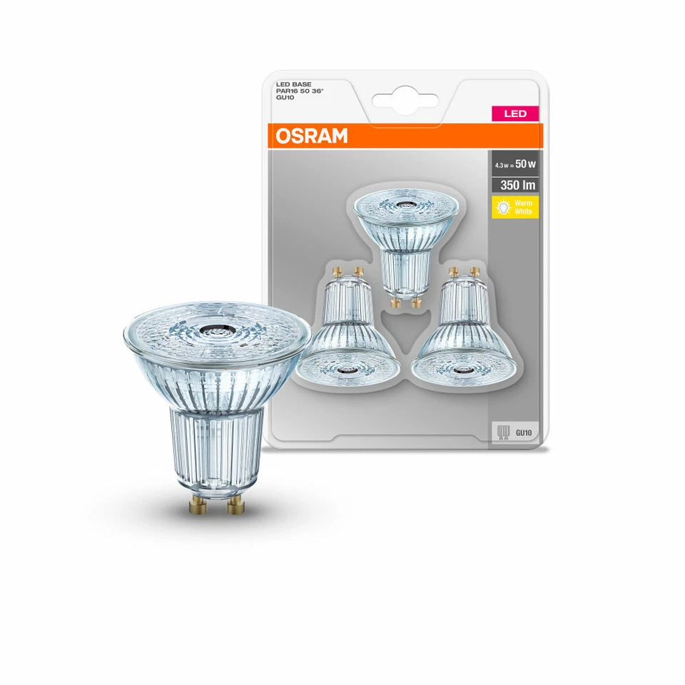 3 x Osram GU10 LED Warmweiß Spot BASE PAR16 4,3W 2700K wie 50W