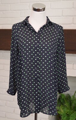 CAbi Size XS Martini Button Up Printed Blouse Navy Blue Green EUC #5019