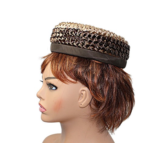 Vintage Pillbox Hat Dark Brown Tan and Beige Woven Raffia Straw w inside Combs - Picture 2 of 7