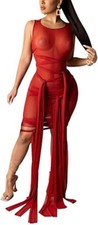 Women Sexy Sleeveless Mesh Tied Mini Bodycon Dress Club Party Wear Red S