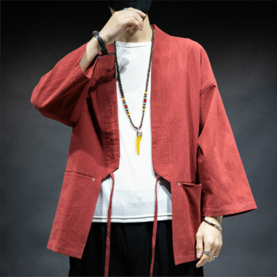 Mens Kimono Cardigans Jacket Tops Cotton 3/4 Sleeve Loose