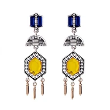Vintage Style Art Deco Earrings statement long drop yellow blue geometric Gatsby