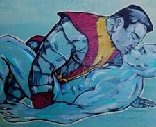 SUPERHERO gay romance - Comic Book Superhero kiss matted giclee print
