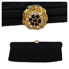 Vintage After Five Jeweled Snap Closure Clutch Purse in Black, Gold Rose