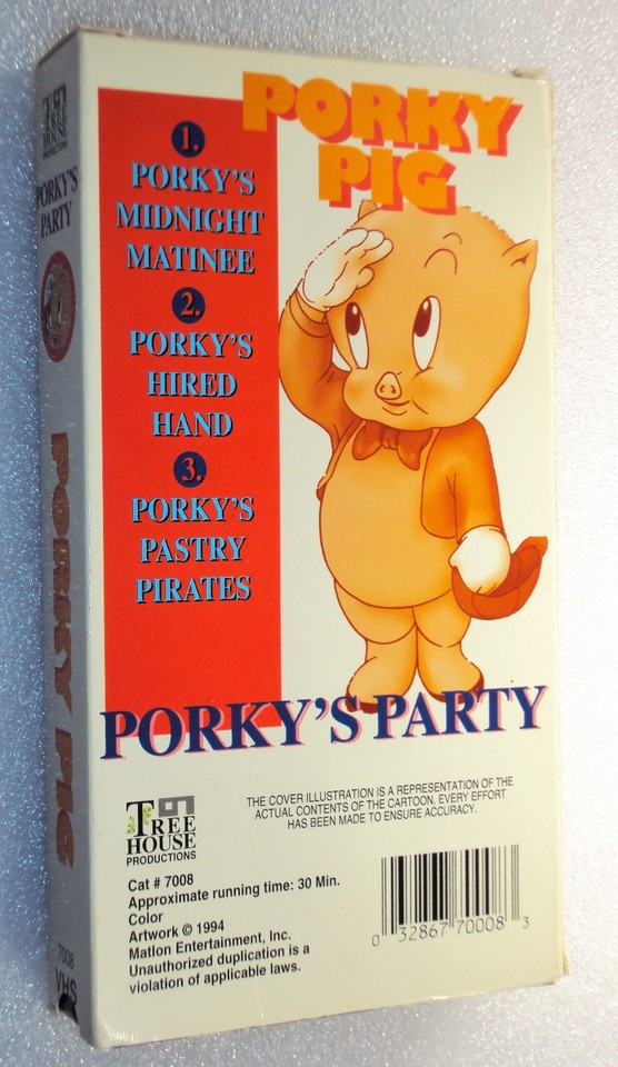 PORKY PIG PORKY'S PARTY VHS 3 Cartoons Midnite Matinee HIRED HAND
