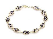 Multi Navy Blue Evil Eye Hamsa Hands Link 14k Yellow Gold Bracelet
