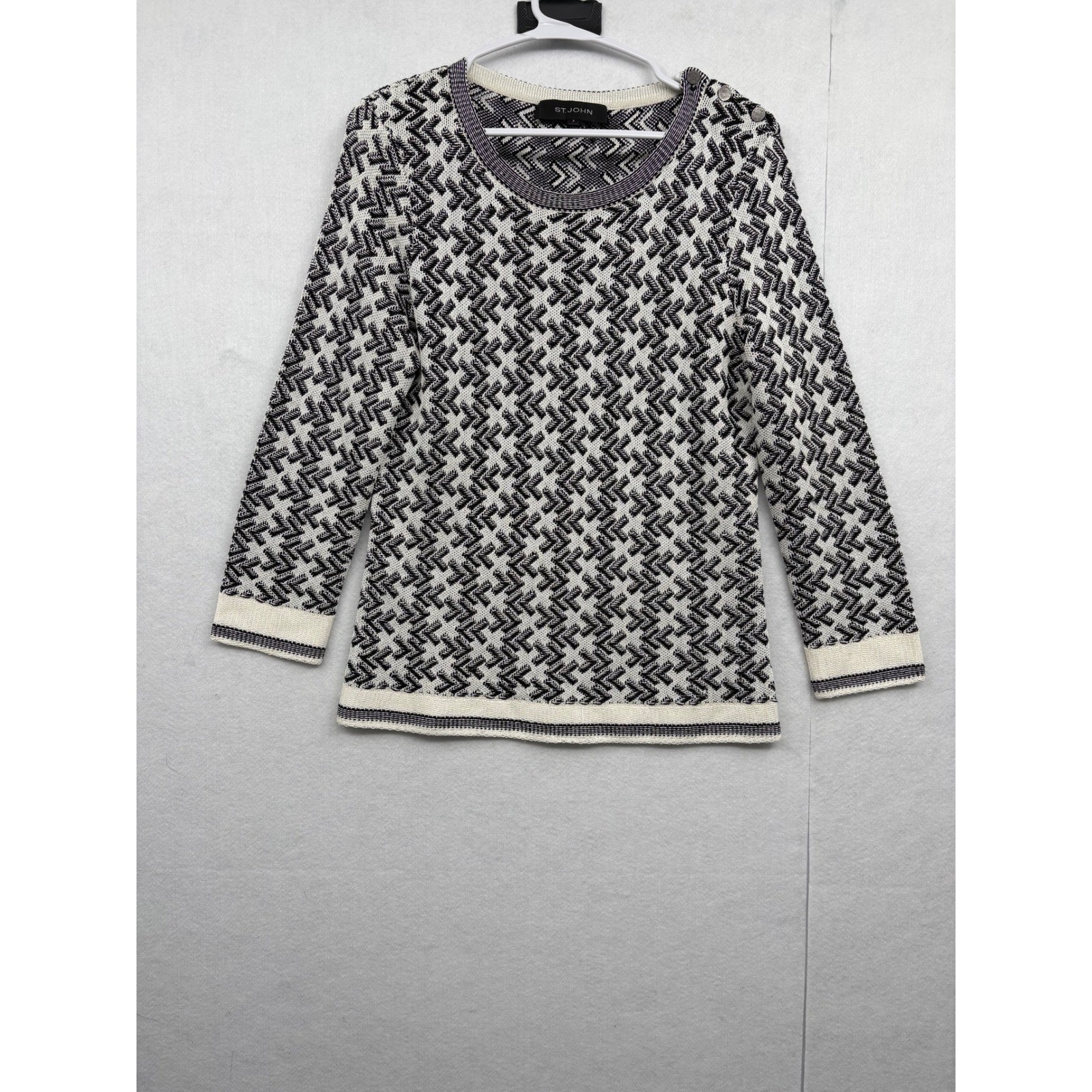 ST JOHN Womens wool blend Knit Sweater Geometric Pattern Black White Crew top
