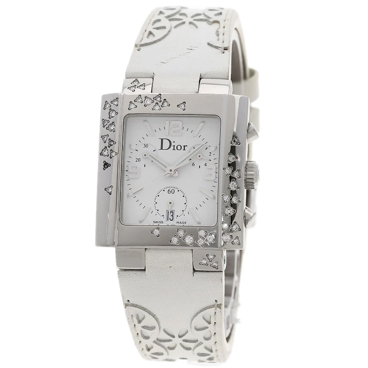 Montre femme Christian Dior Riva lunette diamant acier inoxydable cuir argent AU