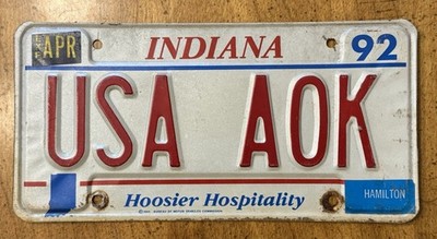 VINTAGE 1992  USA AOK  Indiana License Plate Vehicle Registration Hamilton Co.