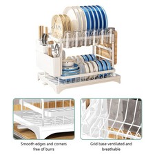 Estante escurridor de platos para fregadero de cocina de 2 niveles con bandeja de goteo soporte para cubiertos estante para platos ~