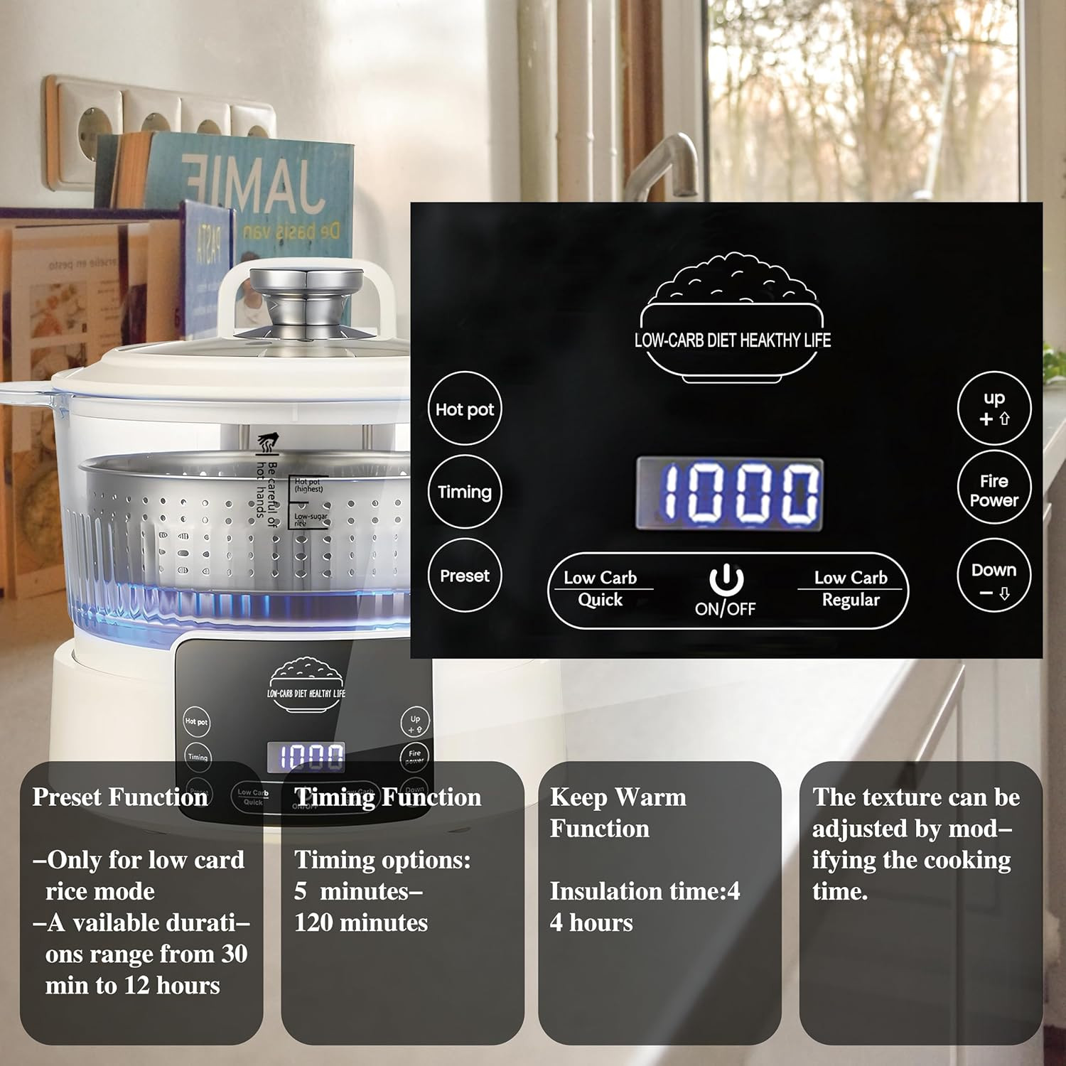Low Carb Rice Cooker,5L Multifunction Smart Rice Cooker - 4H Keep Warm,Digital D