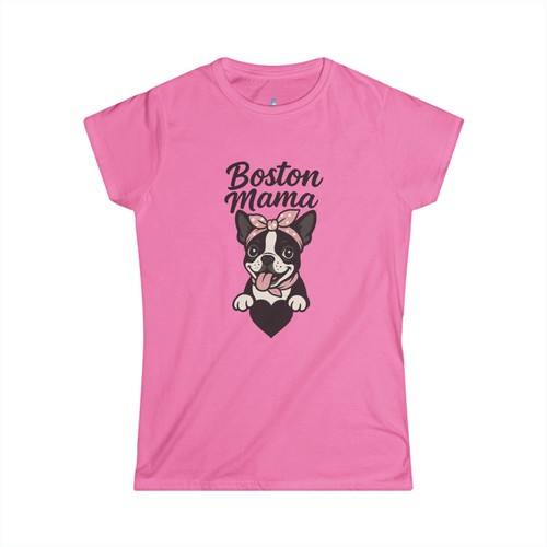 Boston Mama T-Shirt Women’s Soft Tee S-3XL Boston Terrier White Pink Blue - Picture 8 of 10