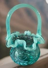 Beautiful Fenton Art Glass Small 1980s Aqua Blue Opalescent Fern Basket Cracked
