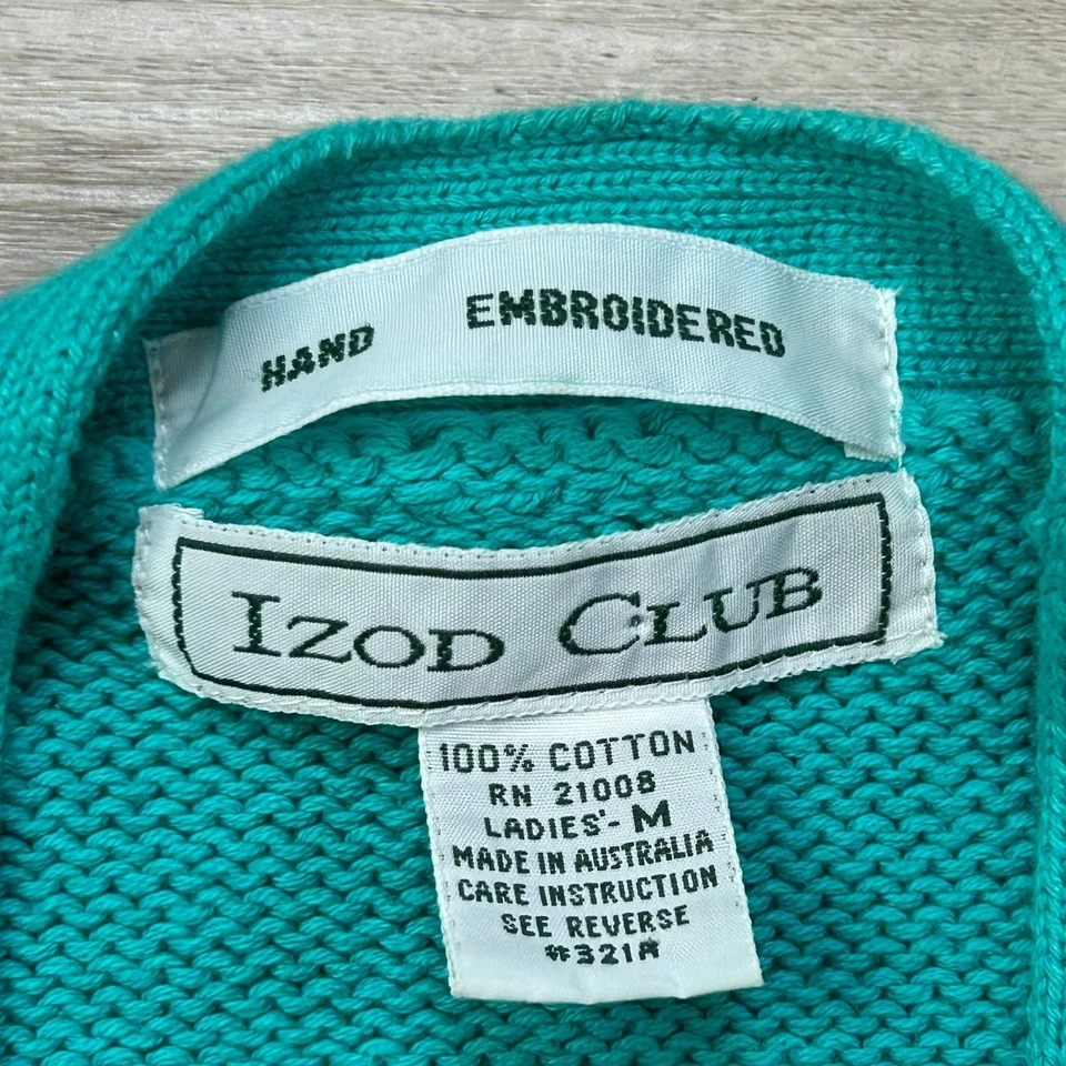 复古 Izod Club 蓝绿色针织毛衣背心花卉刺绣纽扣前 M — 第 4/4 张图片