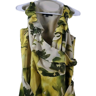 Evan Picone Womens Green Yellow Faux Wrap Midi Dress 12 Tropical 100% Polyester