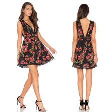 NBD Isaac Mini Dress Black Red Floral Print Fit Flare Swiss Dot Plunge Sz XS