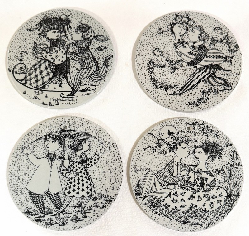 4 1970s Whimsical Danish Bjorn Wiinblad Plaque/Trivet Couple Calendar Scenes