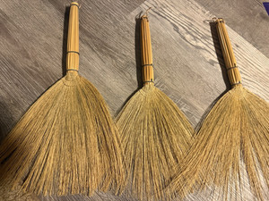 Set of 3 Tan Straw Whisk Brooms with Wood Handles Handheld Sweeping Brushes