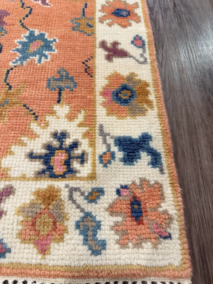 2’7” X 6’ Orange Wool Oushak Runner With Flowers. Handmade. - Image 3 of 4